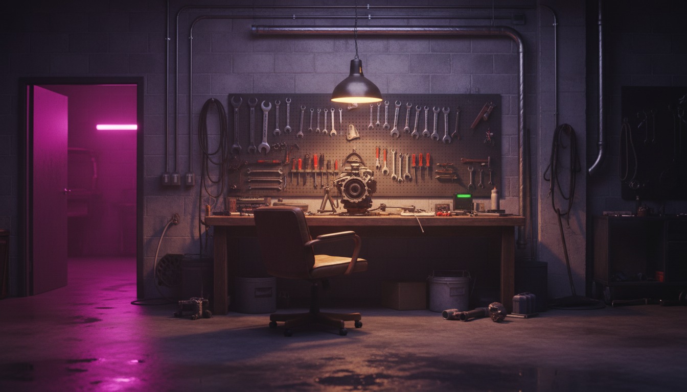 Aura-36 What Kept Him cover — an empty chair pulled up to a cluttered workbench