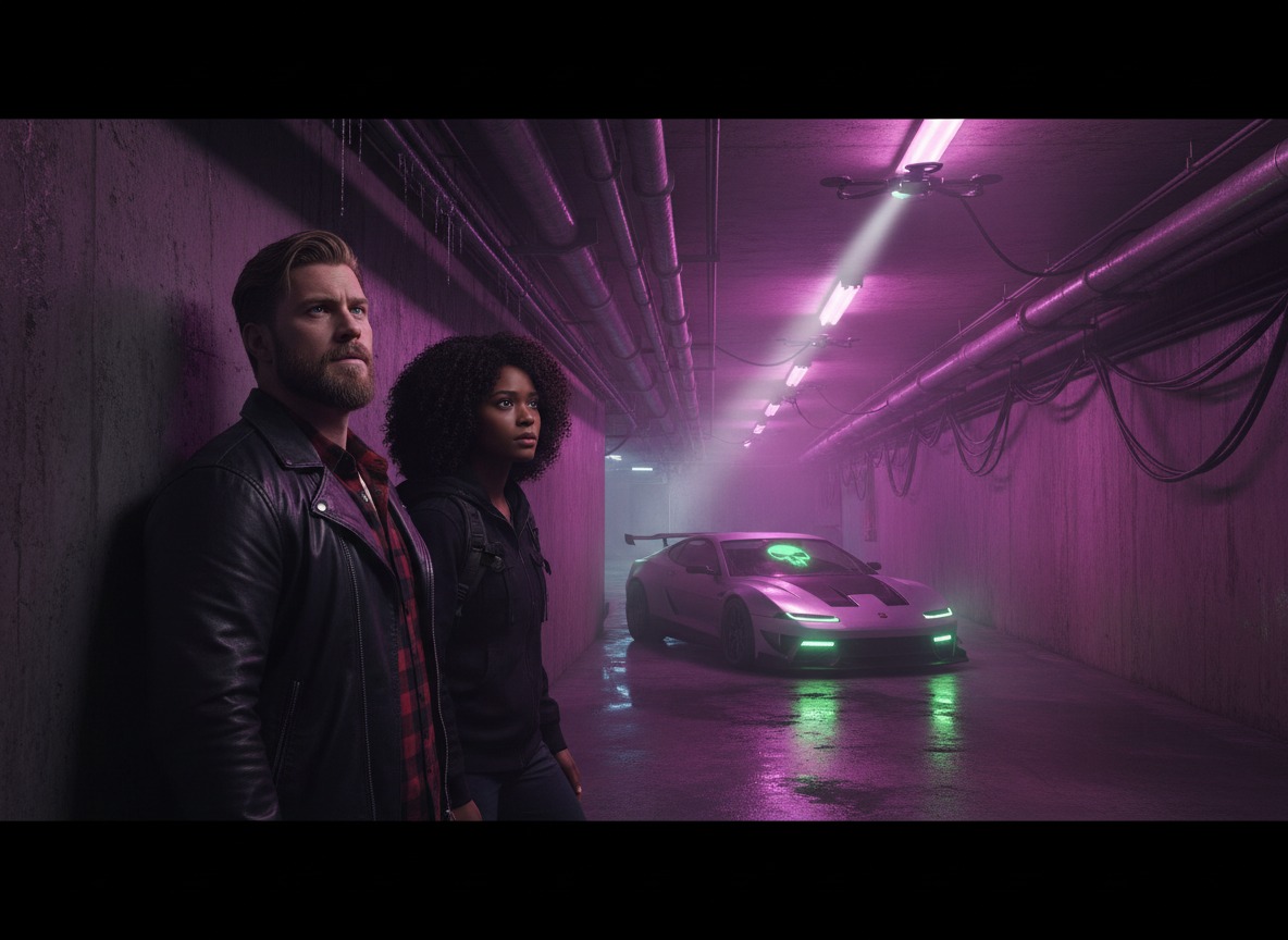 Chapter 4 art — Ren and Selah hiding from a security drone in the tunnel