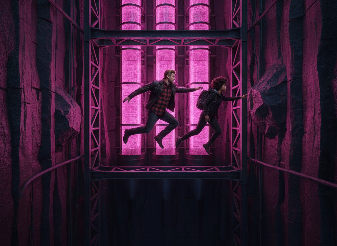Chapter 5 art — Ren and Selah leaping through the vertical coolant shaft