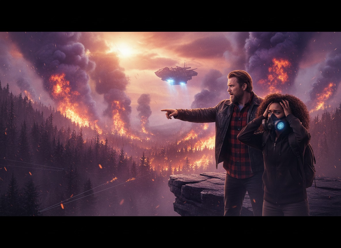 Chapter 6 art — Ren and Selah on the ledge above the burning Black Velvet Forest