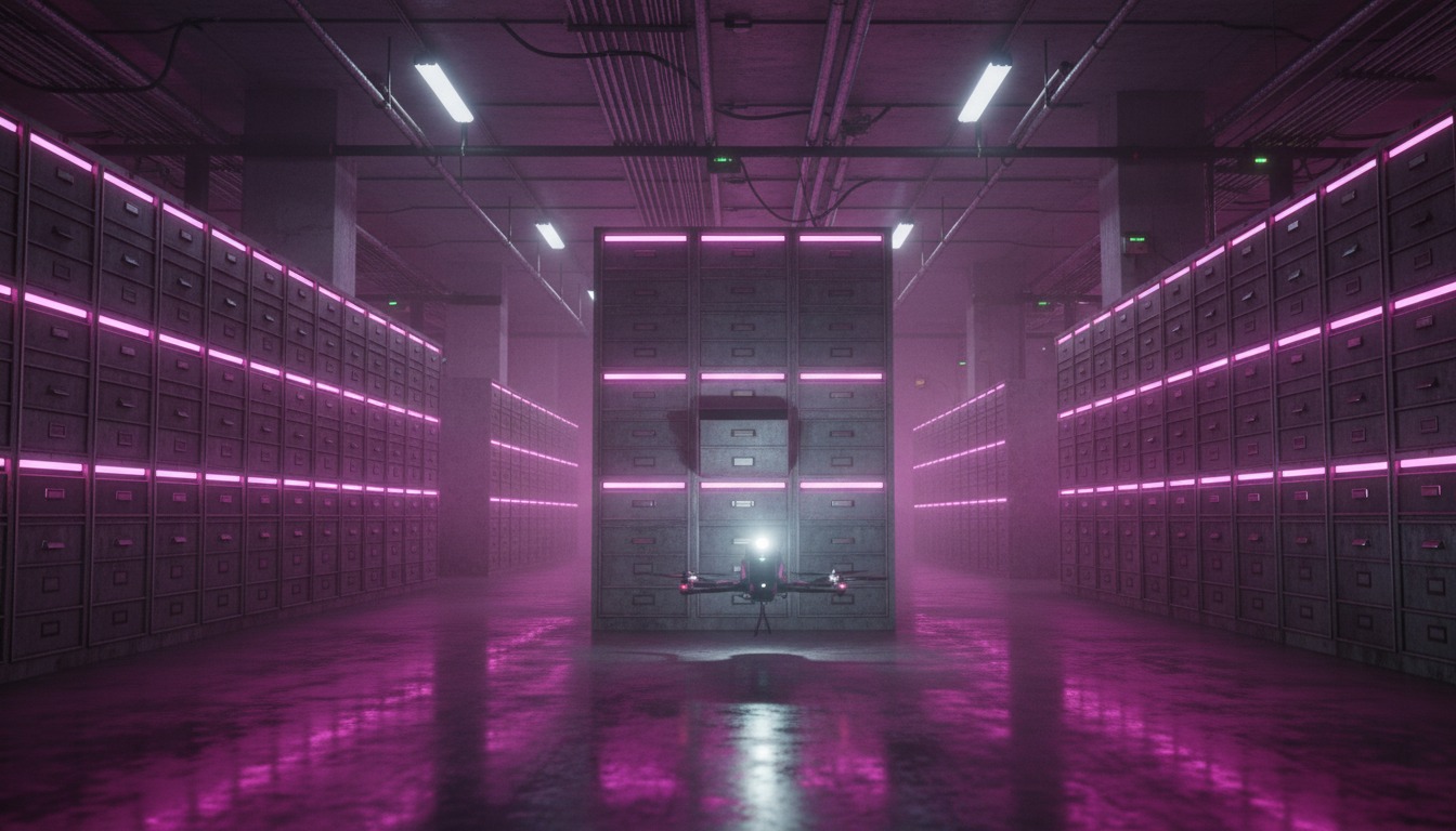 Aura-36 What Was Never Closed cover — a filing hall of sealed records, one drawer standing open