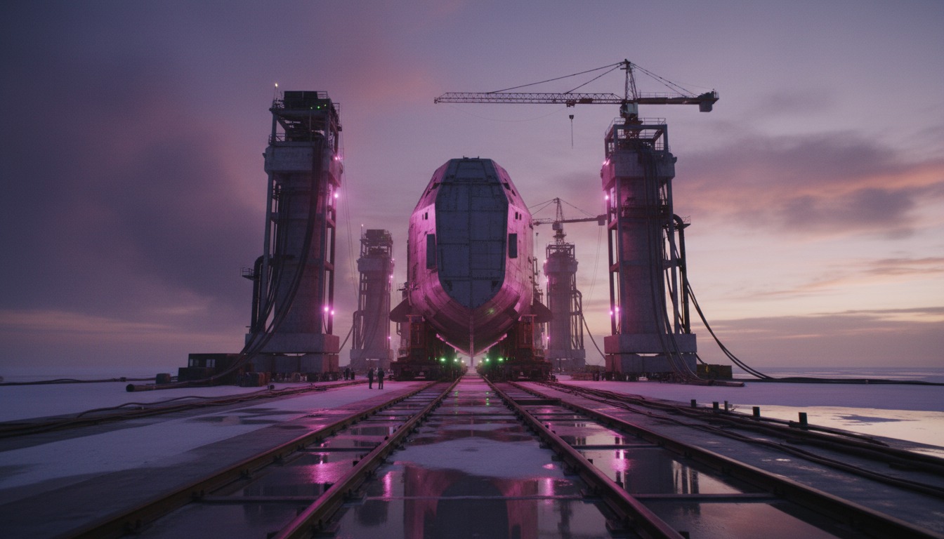 Aura-36 The Keel cover — an unfinished spacecraft hull on the salt flats, launch rail receding beneath it