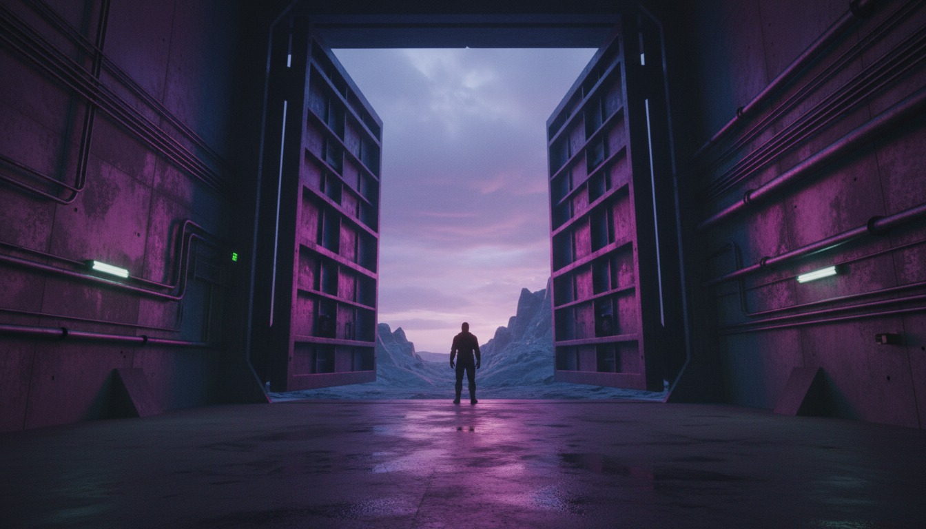Aura-36 The First Breath cover — blast doors opening onto a new world at dawn