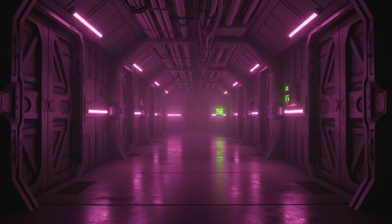 Aura-36 The Long Crossing cover — a sealed ship corridor under magenta strip lighting