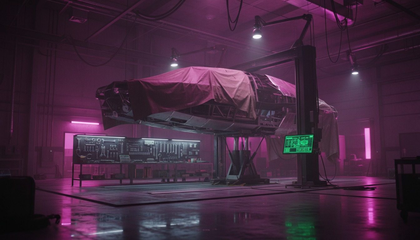 Aura-36 Ghost-Built cover — a ship fabrication bay, a vehicle on a lift