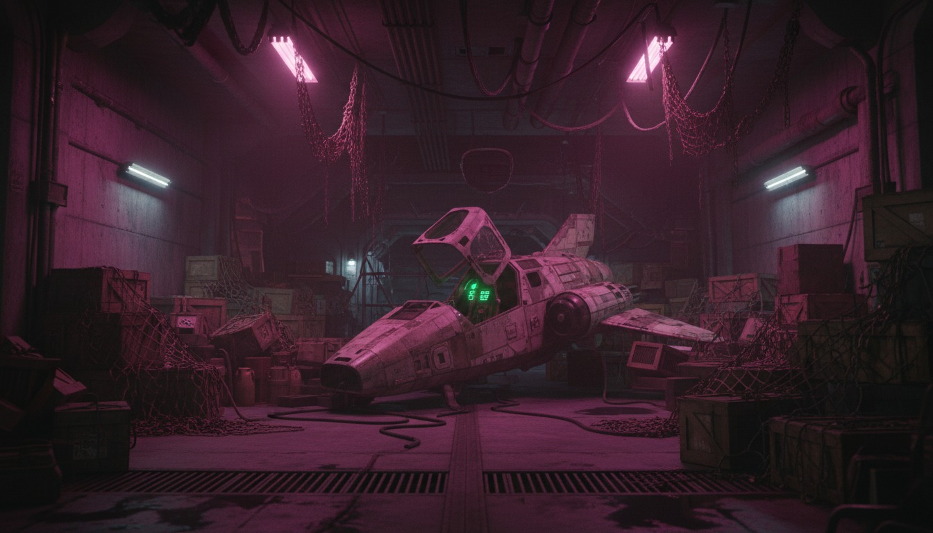 Aura-36 The Space Pirates cover — a cluttered salvage hold with a docked craft