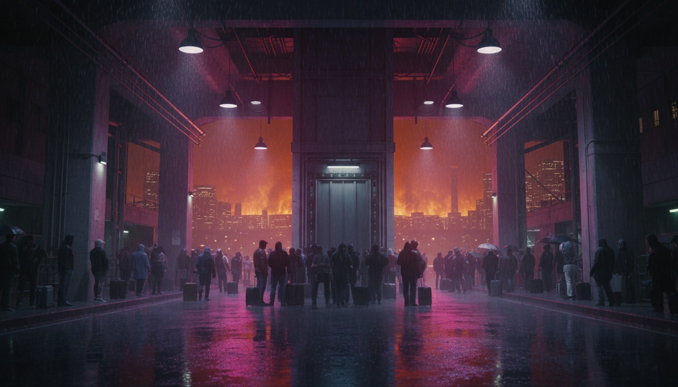 Aura-36 The Star Drifter cover — a crowd queueing to evacuate a burning city in the rain