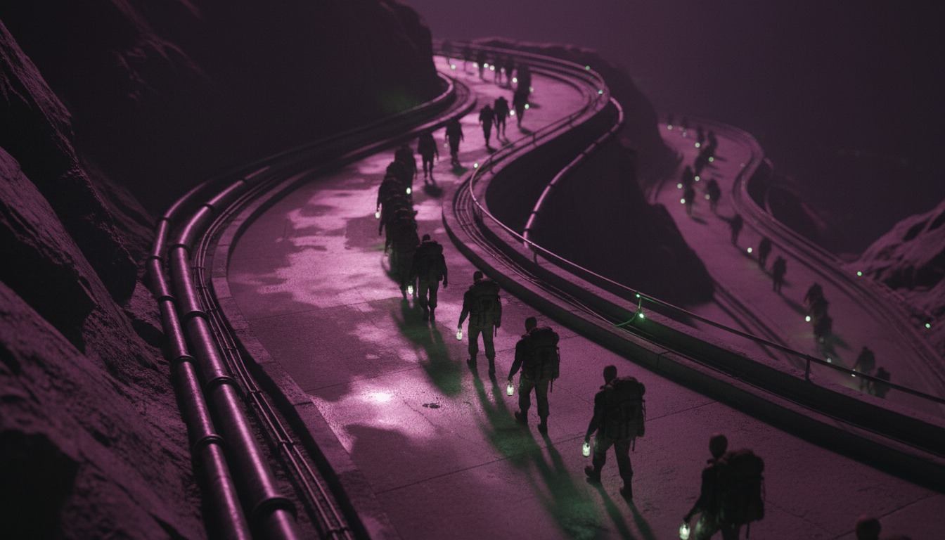 Aura-36 Carried cover — a line of walking figures on a mountain switchback at night