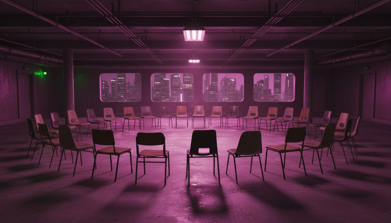 Aura-36 The Forty cover — forty empty mismatched chairs in a rough circle